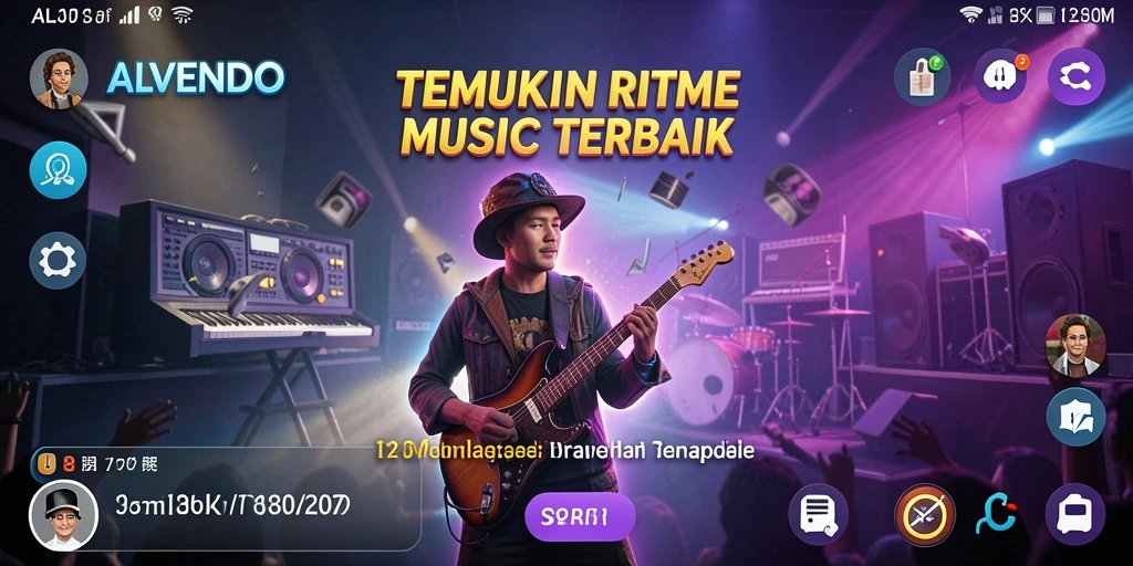 Tampilan gameplay seru ALVENDO dengan berbagai variasi musik.