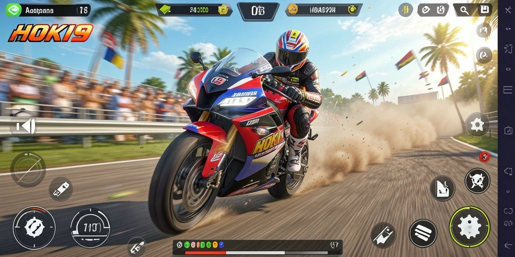 Screenshot gameplay HOKI9 menampilkan aksi balapan motor yang cepat dan mendebarkan.
