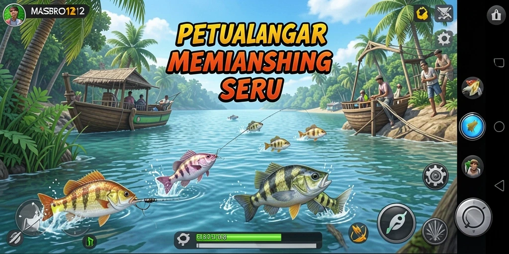 Screenshot utama menunjukkan momen seru saat memancing di lautan.