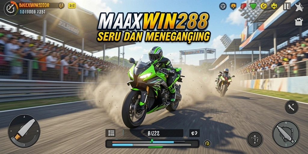 Screenshot gameplay MAXWIN288 dengan balapan motor yang mendebarkan.