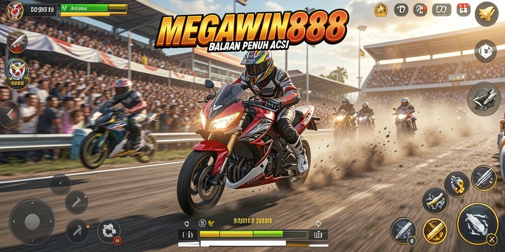 Screenshot gameplay MEGAWIN888 menampilkan balapan motor yang seru dan mendebarkan.
