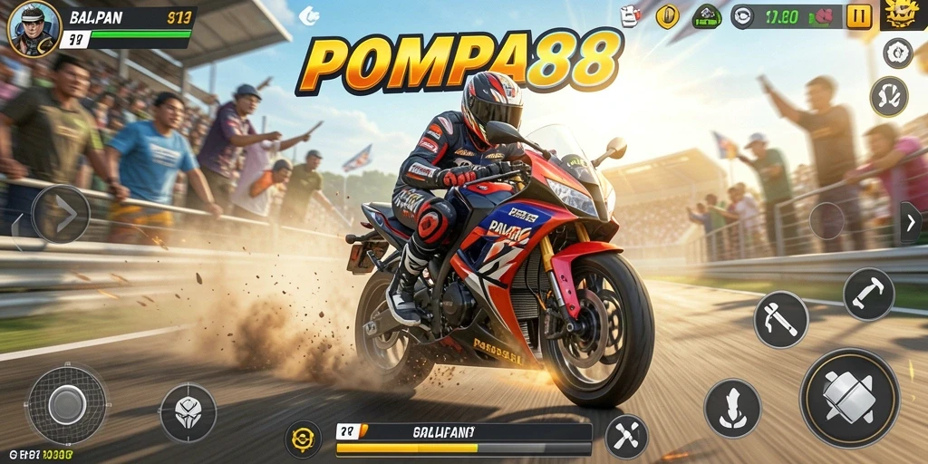 Tampilan gameplay <strong>POMPA88</strong> dengan efek balapan motor yang cepat dan penuh aksi.