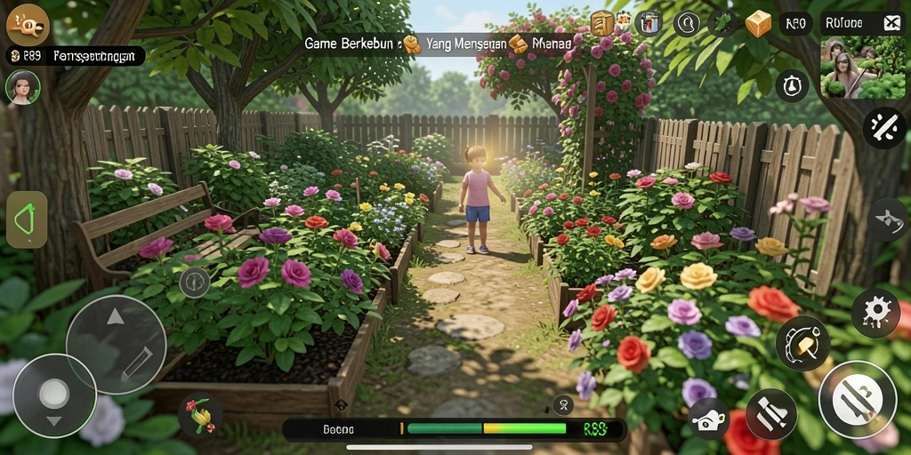 Screenshot dari gameplay RR89 menunjukkan petani sedang merawat kebun.